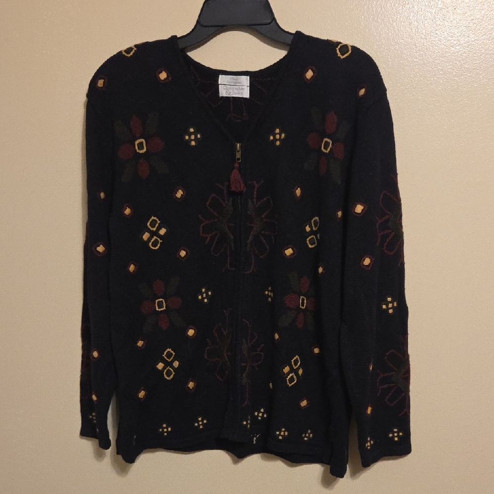 Vintage Y2K Black Hand Embriodered Tassle Zip Up Cardigan Cottage Fall Size L